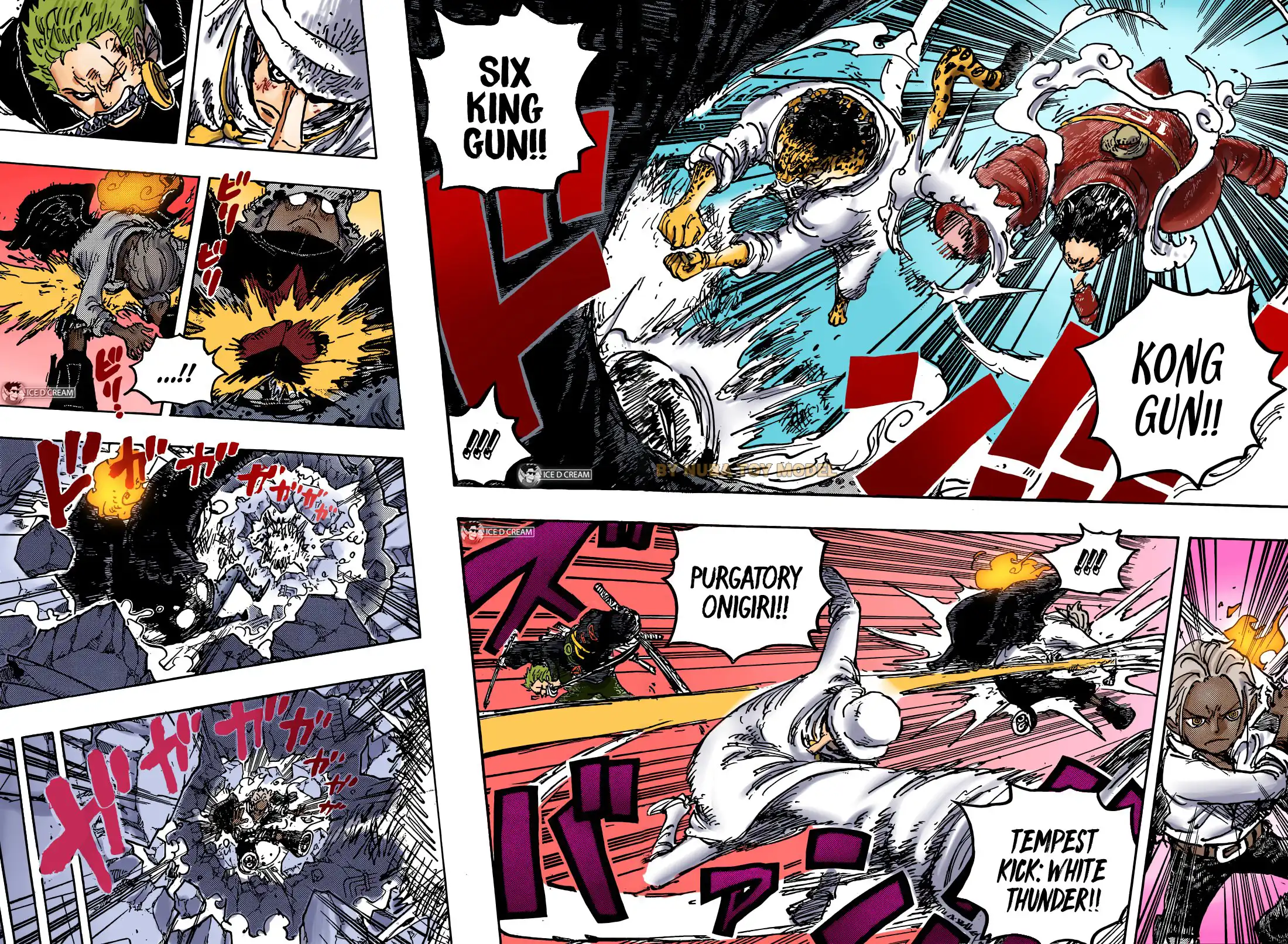 Luffy chuyển trạng thái Gear 4 và sử dụng Gomu Gomu no Kong Gun trong khi Lucci biến dạng lai và sử dụng Rokushiki Ogi: Rokuoganđể đồng loạt tấn công S-Bear. Zoro và Kaku hợp sức chống lại S-Hawk, lần lượt đánh trả hắn bằng Rengoku Oni Giri và Rankyaku “ Hakurai ” .