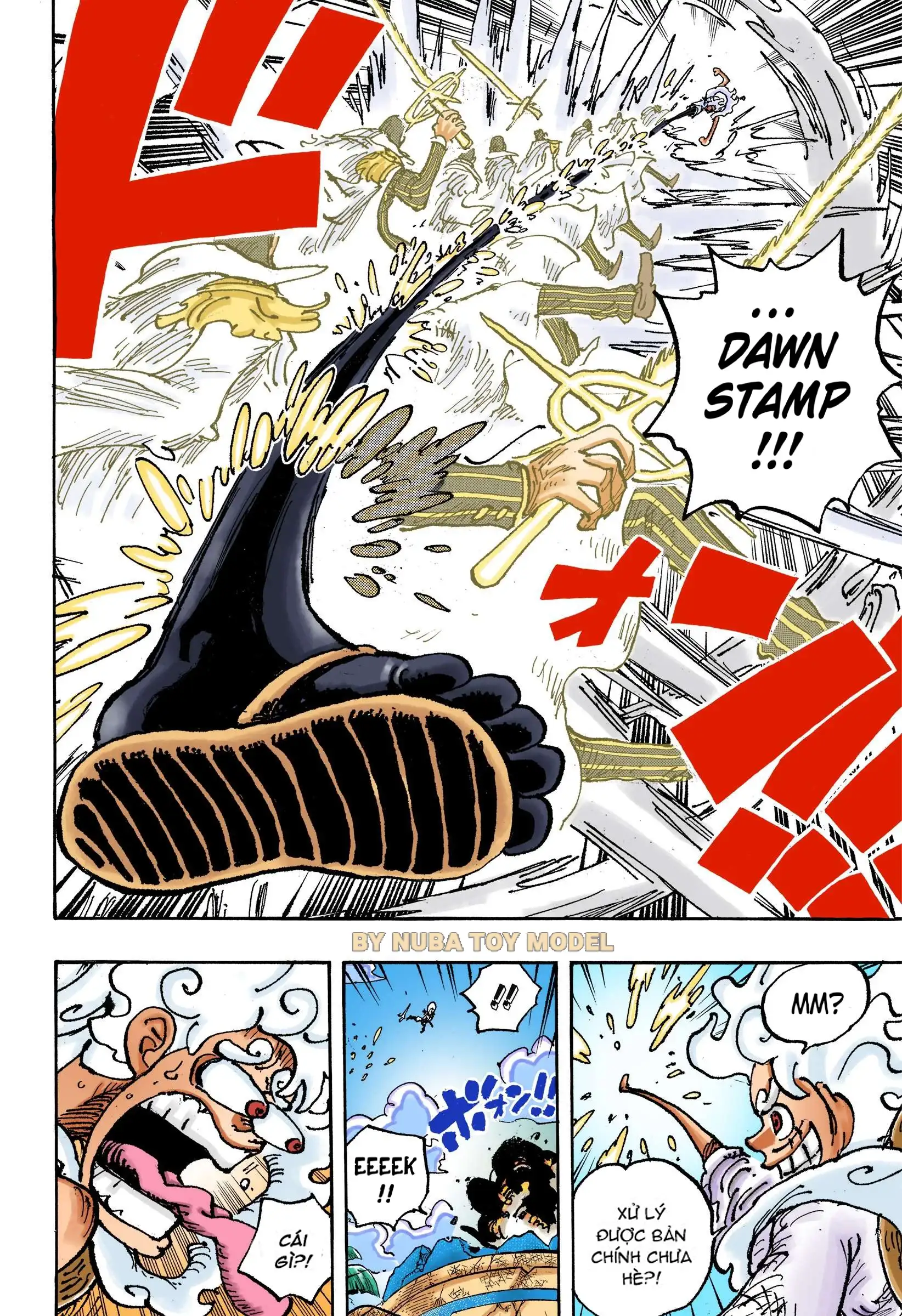 Luffy đáp trả bằng cách sử dụng Gum-Gum Dawn stamp để tiêu diệt các bản sao chỉ bằng 1 đòn, nhưng câu tỏ ra thất vọng khi biết rằng Kizaru thật đã bỏ trốn.