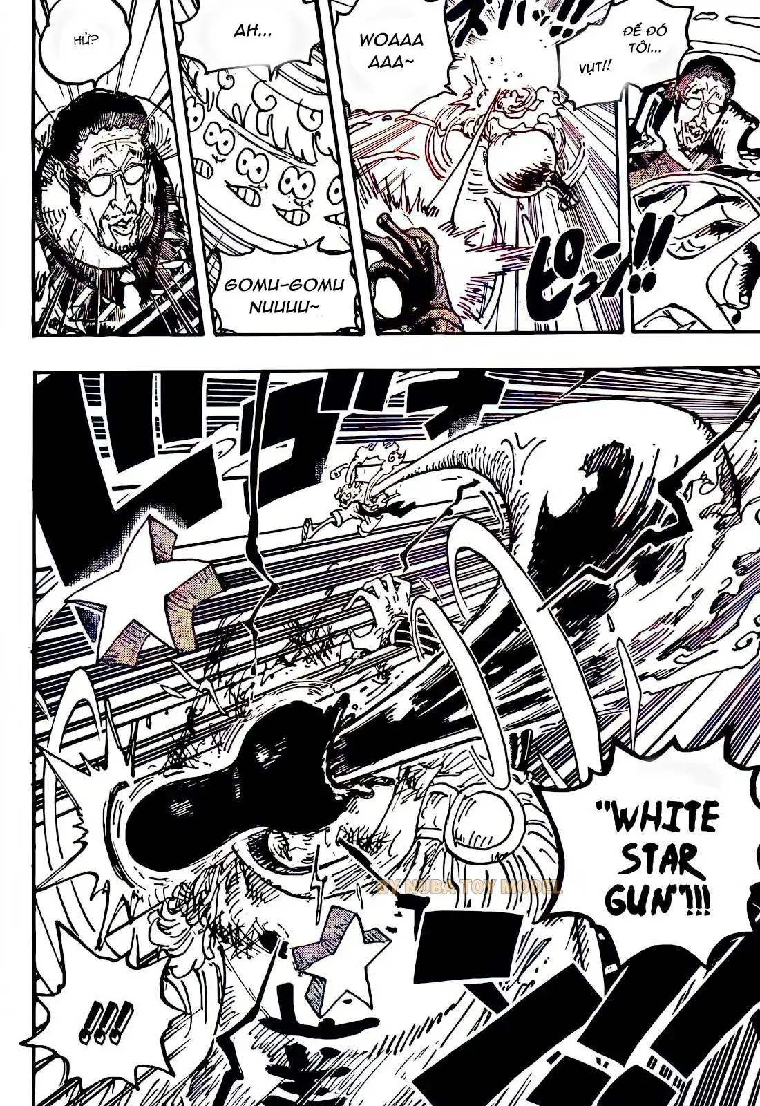Luffy cuối cùng cũng đuổi kịp Kizaru và cả hai bắt đầu một cuộc chiến nảy lửa. Kizaru gợi ý về giới hạn của hình dạng hiện tại của luffy. Luffy tung ra một đòn tấn công mới đầy uy lực, "Gomu Gomu no Star Gun", không chỉ giáng một cú đấm tàn khốc vào Kizaru mà còn tạo ra một màn trình diễn ấn tượng với hiệu ứng giống như một ngôi sao. 