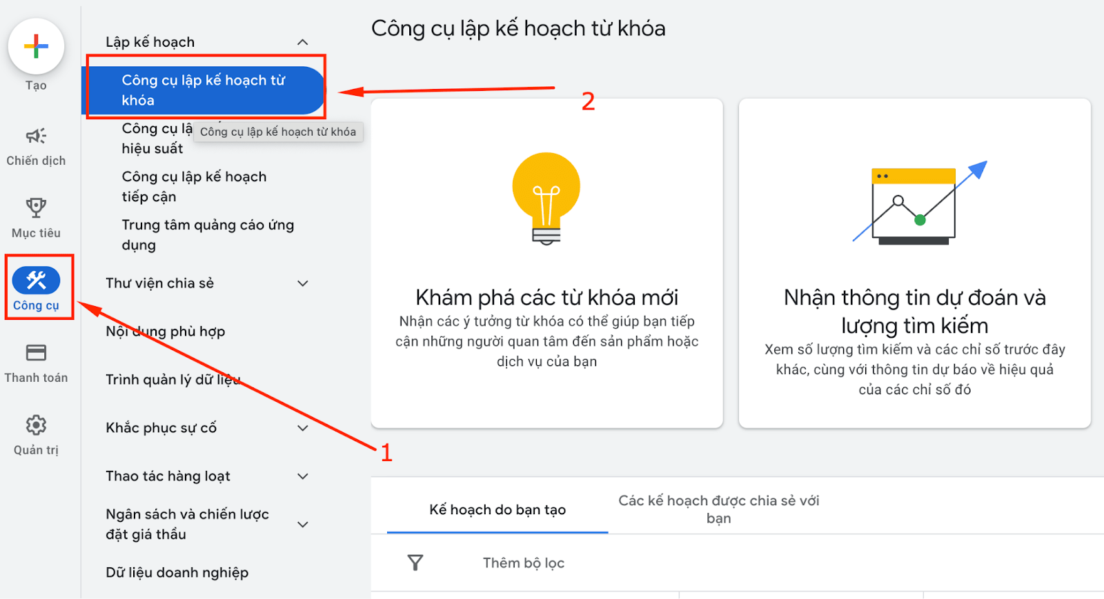 Chọn “Khám phá các từ khoá mới” trong Google Keyword Planner để tìm từ khoá Semantic