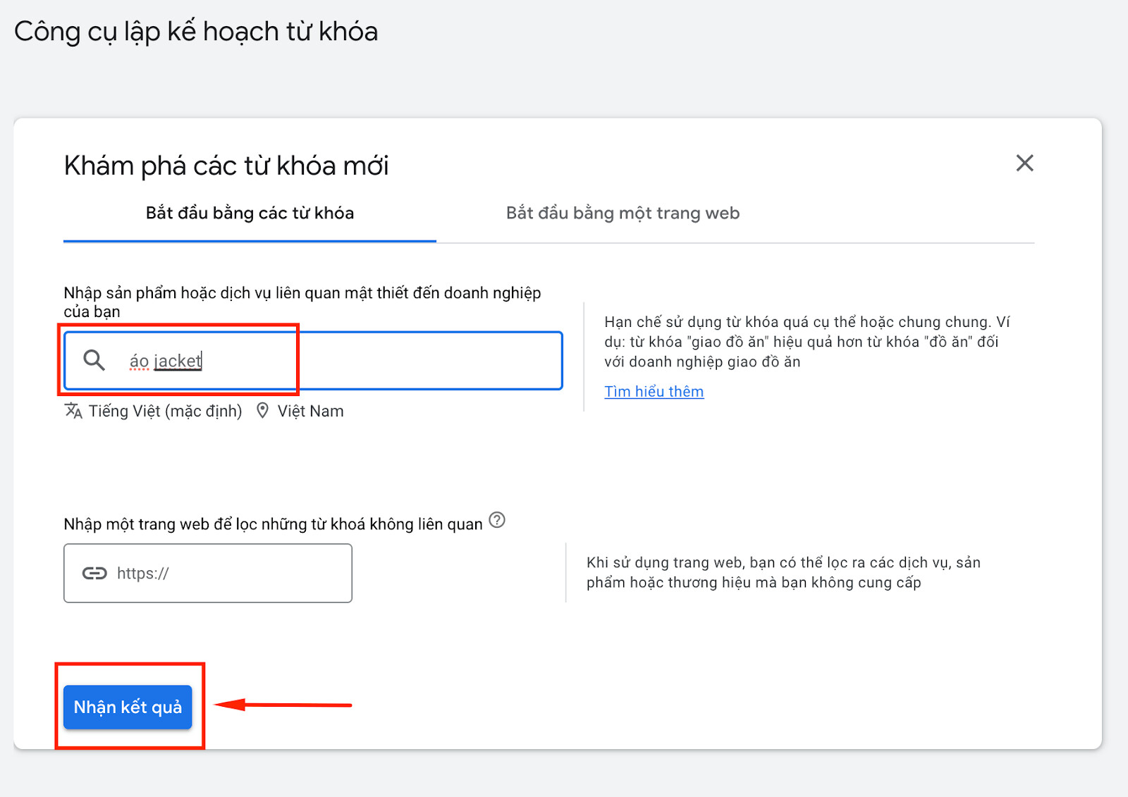 Nhập từ khoá chính xác để tìm Semantic Keyword trong Google Keyword Planner